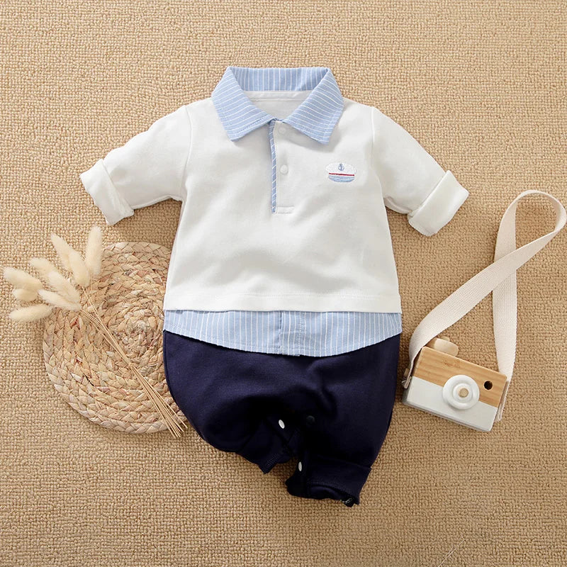 Long Sleeve Cotton Baby Polo Romper Outfit (0–18M) - Image 2