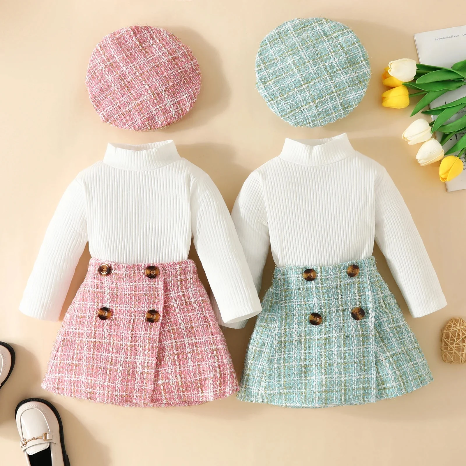 Baby Girl Knit Set with Plaid Skirt & Hat (6-36M) - Image 14