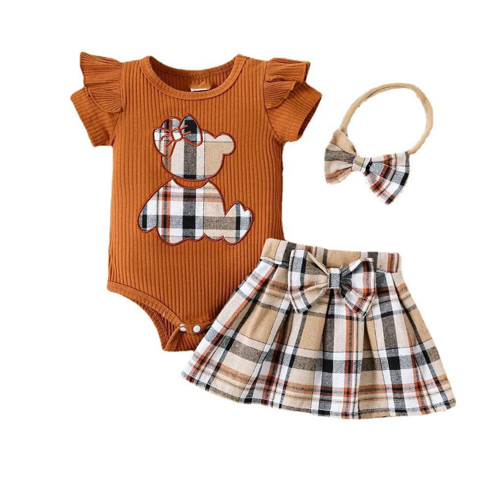 Teddy Bear Plaid Bow Romper (3-24M)