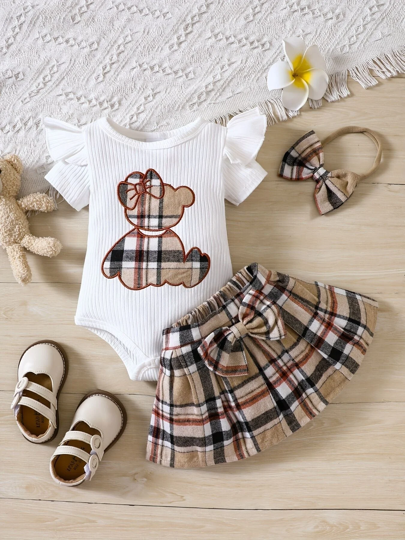 Teddy Bear Plaid Bow Romper (3-24M) - Image 3