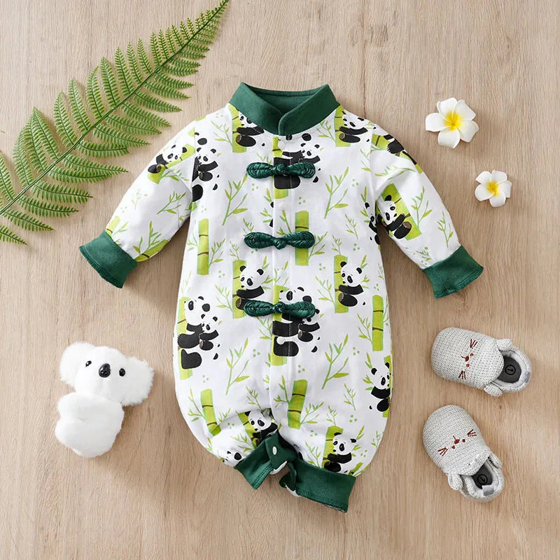 New Chinese-style children's suit with buckle design, pure cotton, and panda print spring and autumn clothes (0-18M) - Image 2