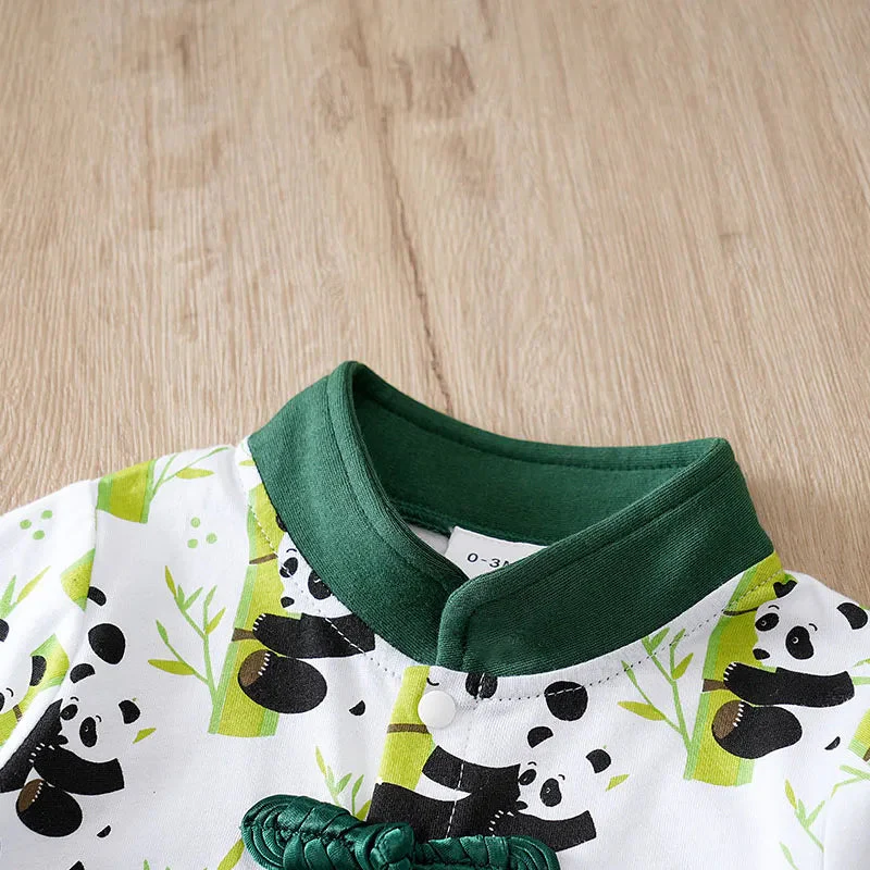New Chinese-style children's suit with buckle design, pure cotton, and panda print spring and autumn clothes (0-18M) - Image 4