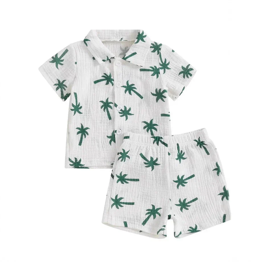 Palm Print Summer Baby Set – Button Shirt & Elastic Shorts (2-Piece - 6-36M)