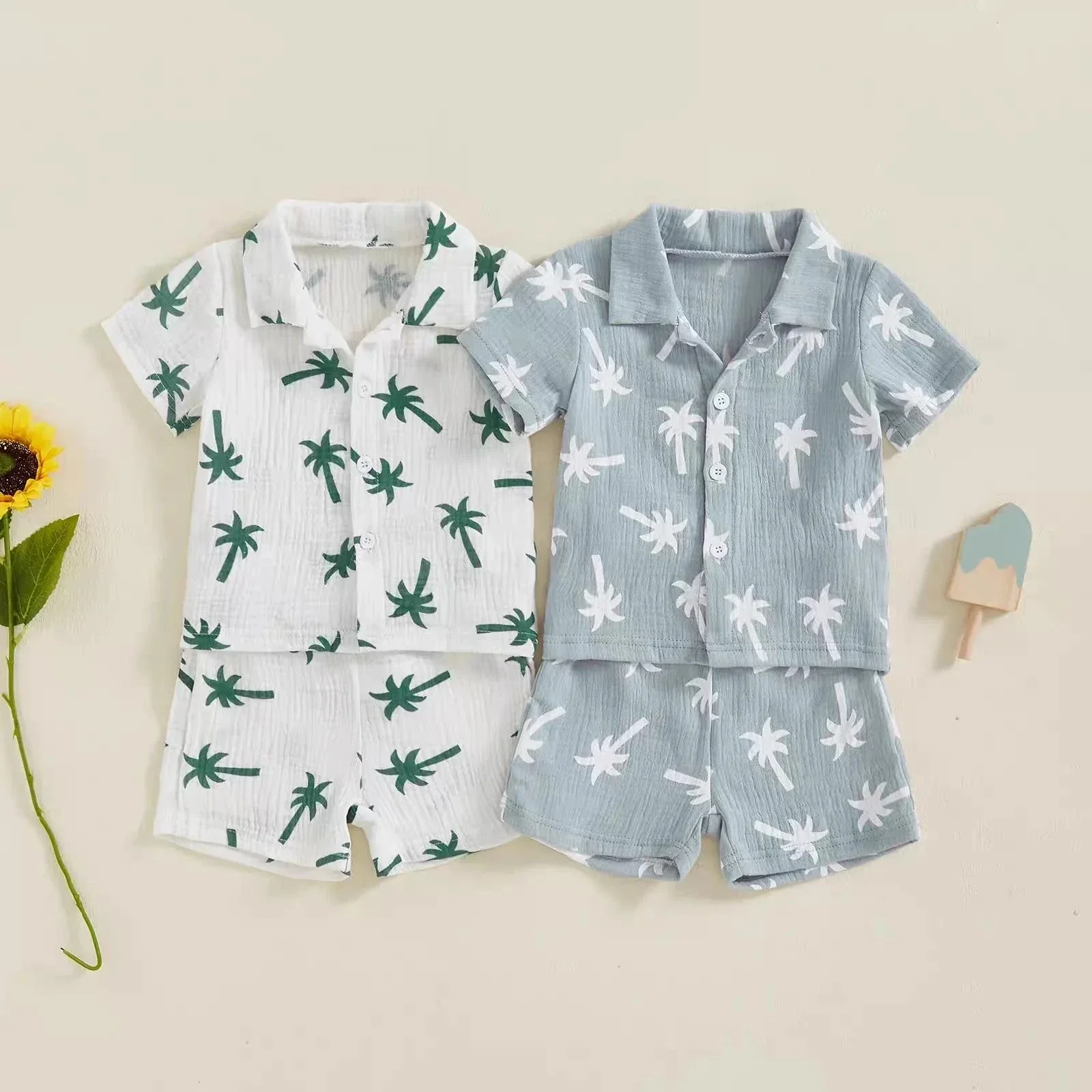 Palm Print Summer Baby Set – Button Shirt & Elastic Shorts (2-Piece - 6-36M) - Image 14