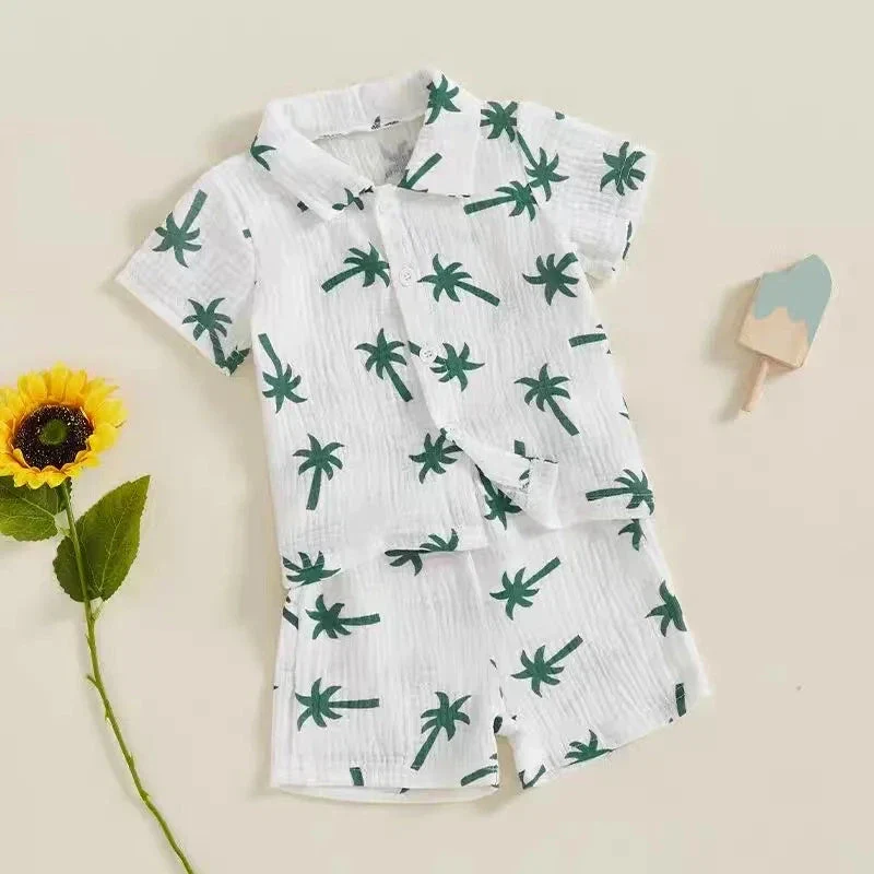 Palm Print Summer Baby Set – Button Shirt & Elastic Shorts (2-Piece - 6-36M) - Image 2