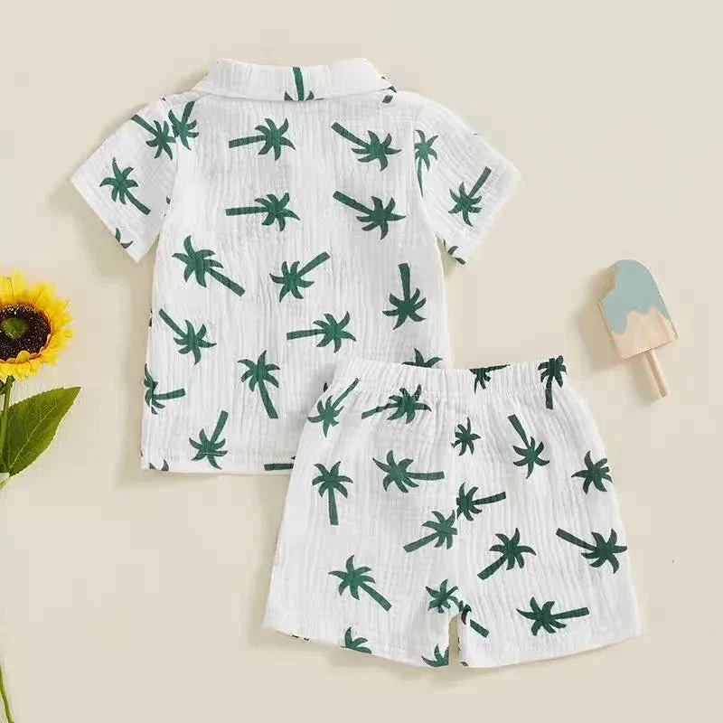 Palm Print Summer Baby Set – Button Shirt & Elastic Shorts (2-Piece - 6-36M) - Image 3
