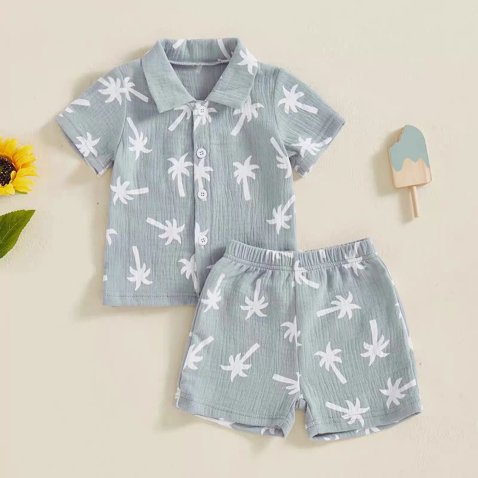 Palm Print Summer Baby Set – Button Shirt & Elastic Shorts (2-Piece - 6-36M) - Image 9