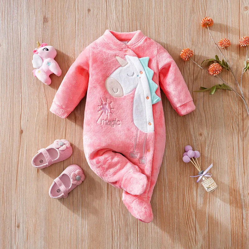 Pink Fleece Baby Dinosaur Footed Romper (0–18M) - Image 2