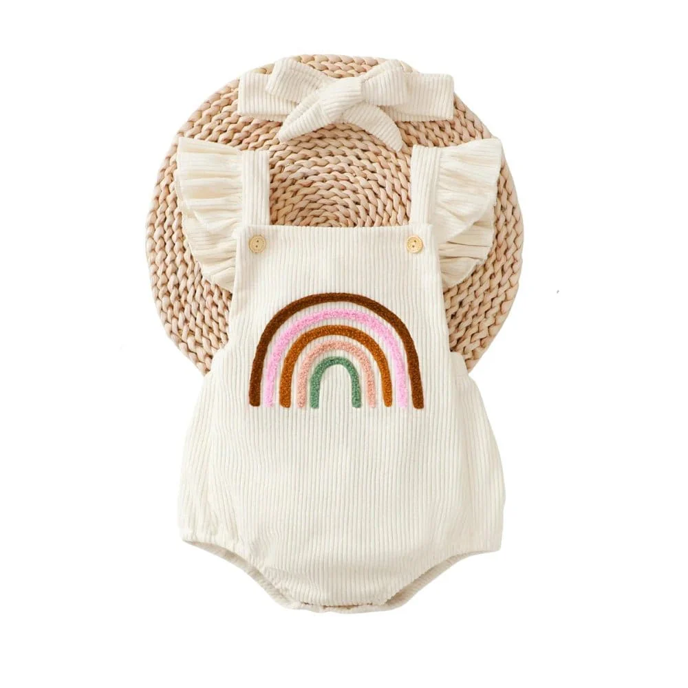 Rainbow Embroidered Baby Romper – Sleeveless Ruffled Straps + Matching Headband (0-12M)