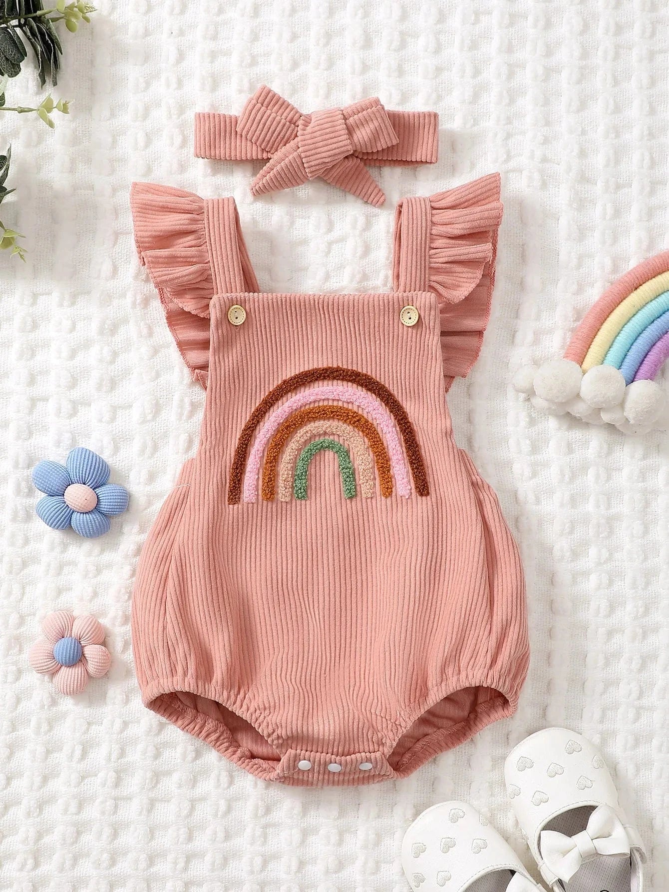Rainbow Embroidered Baby Romper – Sleeveless Ruffled Straps + Matching Headband (0-12M) - Image 12