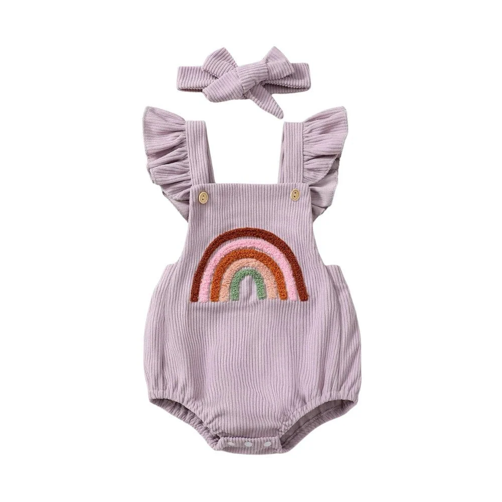 Rainbow Embroidered Baby Romper – Sleeveless Ruffled Straps + Matching Headband (0-12M) - Image 17