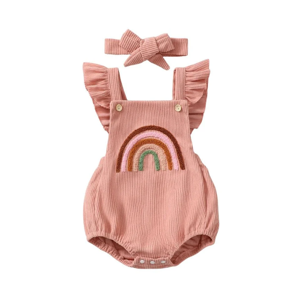 Rainbow Embroidered Baby Romper – Sleeveless Ruffled Straps + Matching Headband (0-12M) - Image 18