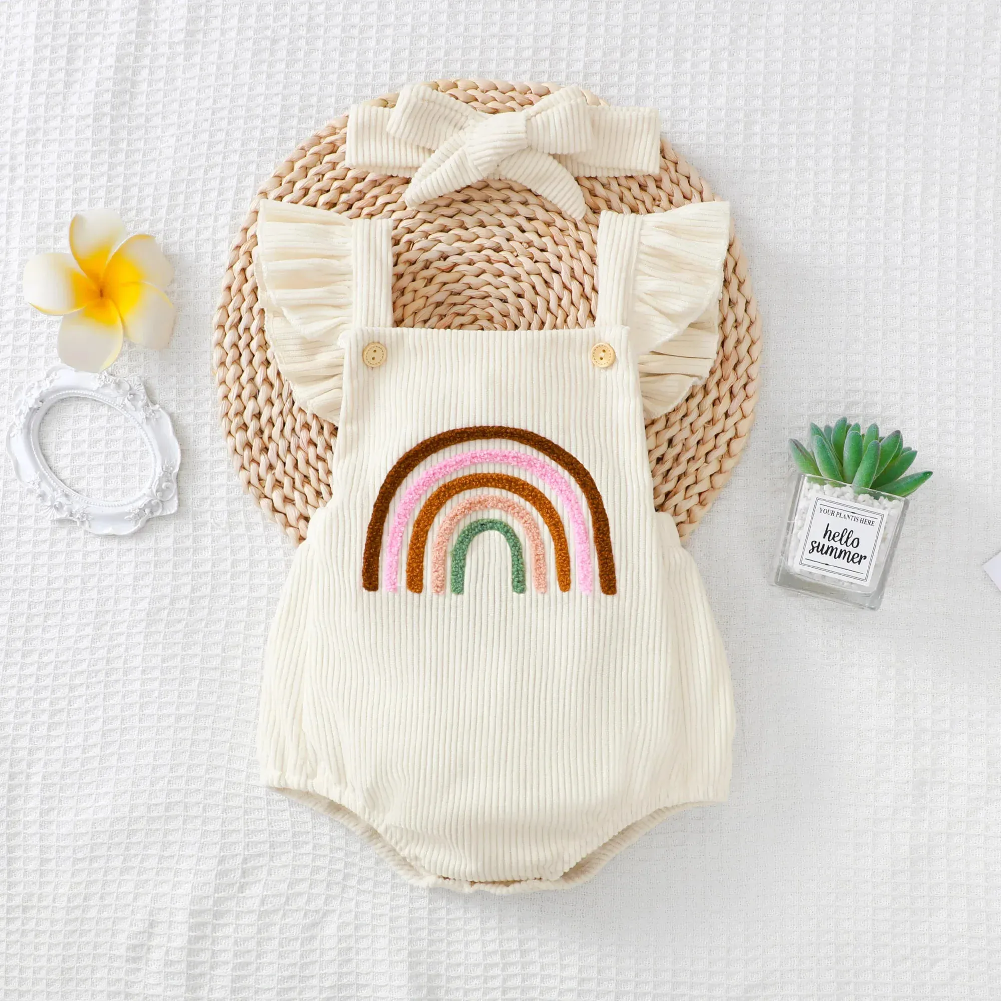 Rainbow Embroidered Baby Romper – Sleeveless Ruffled Straps + Matching Headband (0-12M) - Image 2