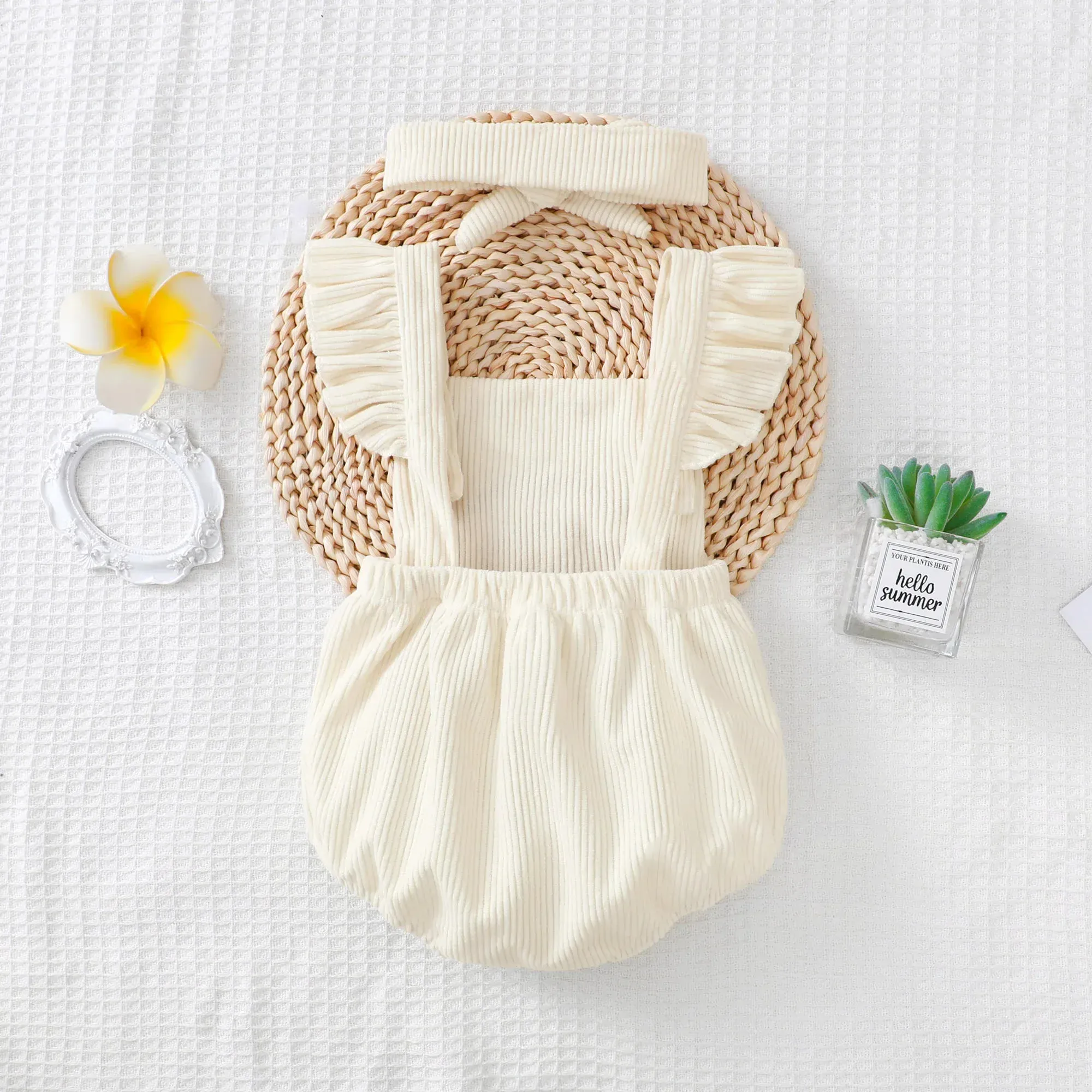 Rainbow Embroidered Baby Romper – Sleeveless Ruffled Straps + Matching Headband (0-12M) - Image 3
