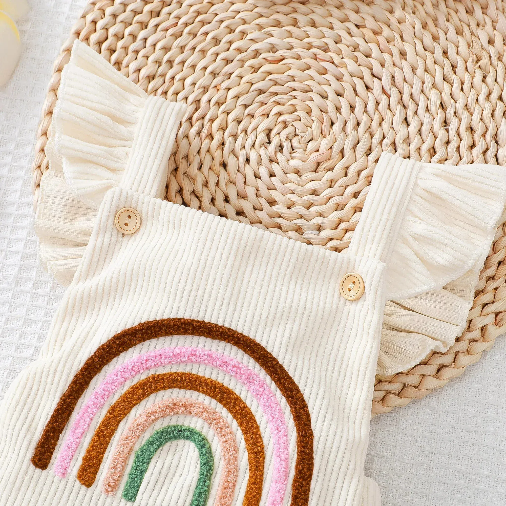 Rainbow Embroidered Baby Romper – Sleeveless Ruffled Straps + Matching Headband (0-12M) - Image 4