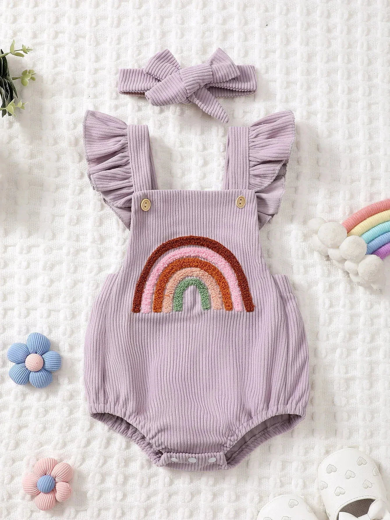 Rainbow Embroidered Baby Romper – Sleeveless Ruffled Straps + Matching Headband (0-12M) - Image 8