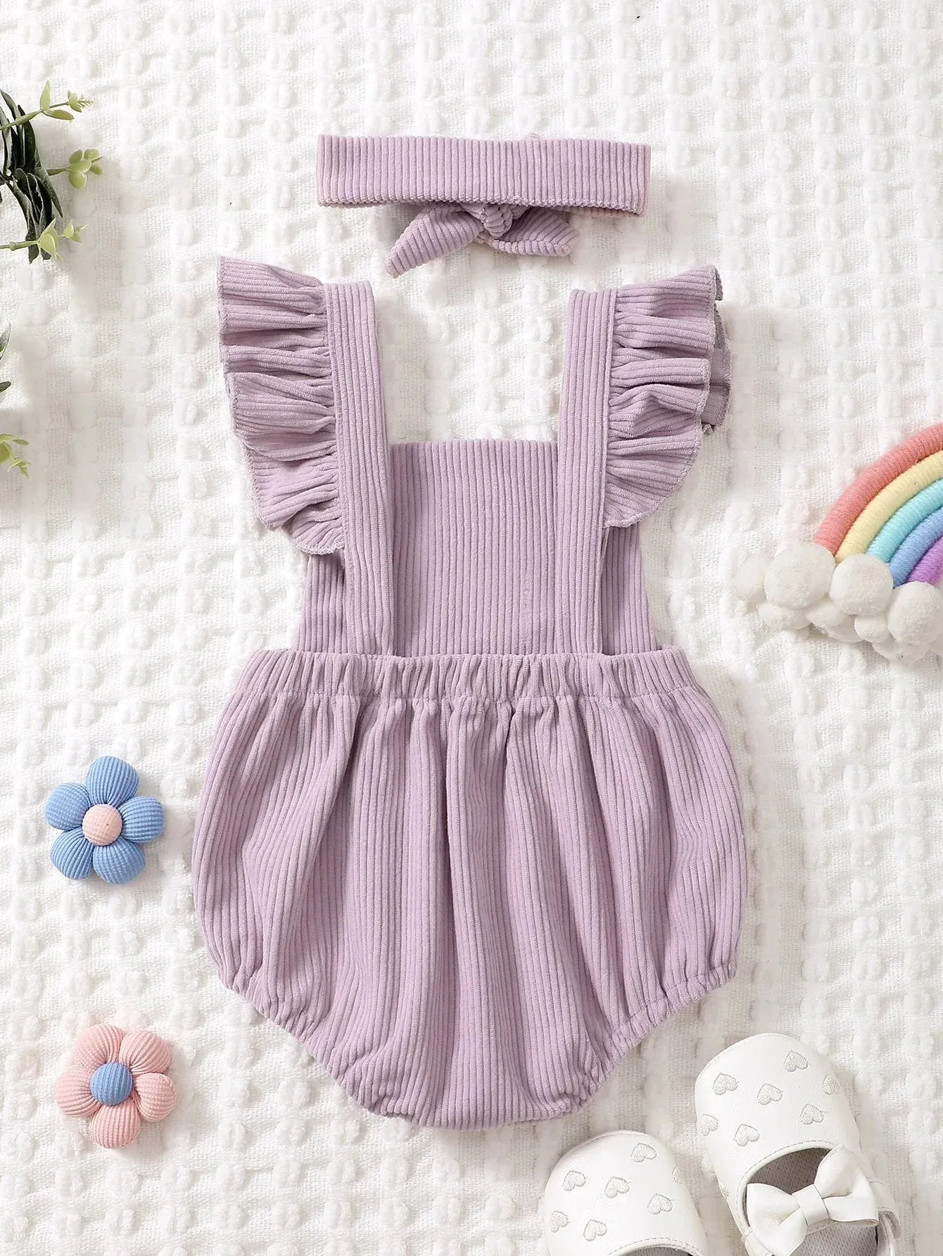 Rainbow Embroidered Baby Romper – Sleeveless Ruffled Straps + Matching Headband (0-12M) - Image 9