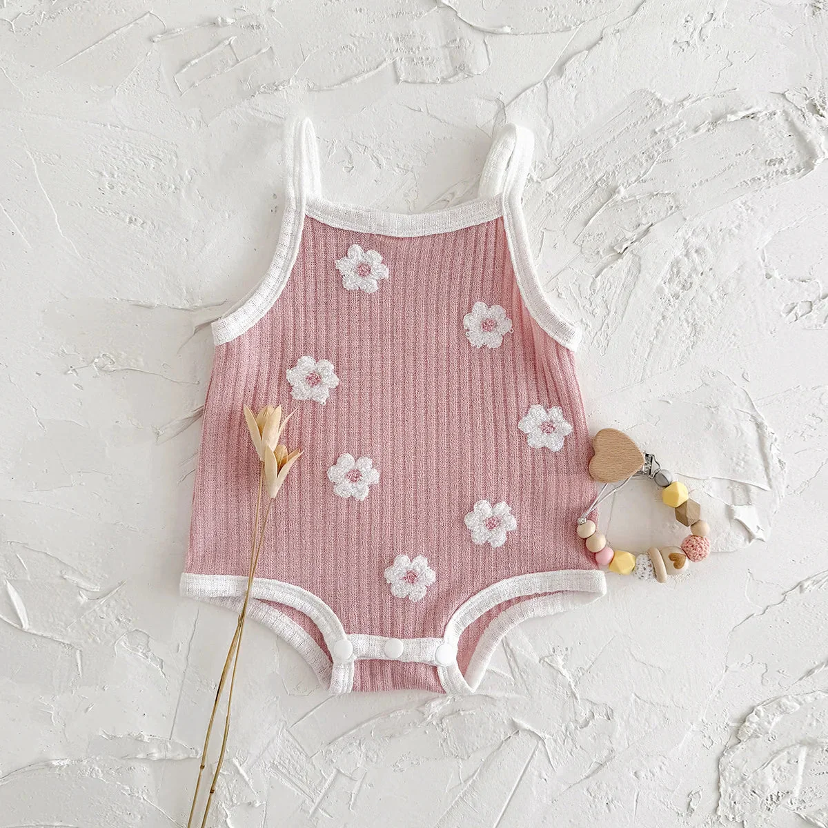 Sleeveless Baby Girl Ribbed Romper with Floral Embroidery (0–18M)