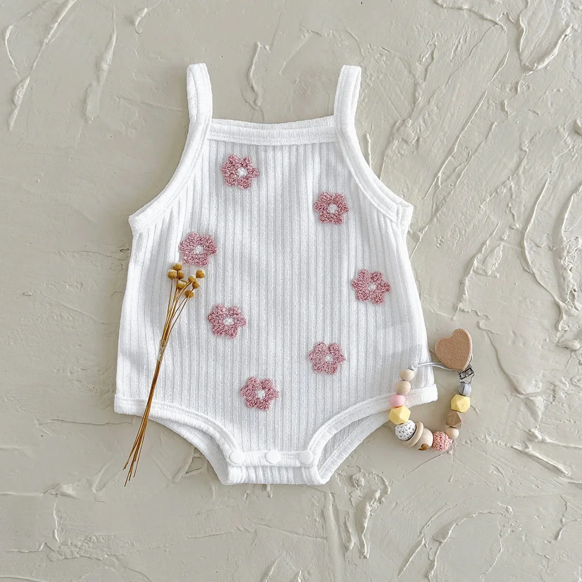 Sleeveless Baby Girl Ribbed Romper with Floral Embroidery (0–18M) - Image 7