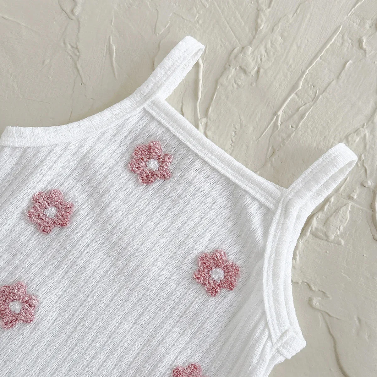 Sleeveless Baby Girl Ribbed Romper with Floral Embroidery (0–18M) - Image 9