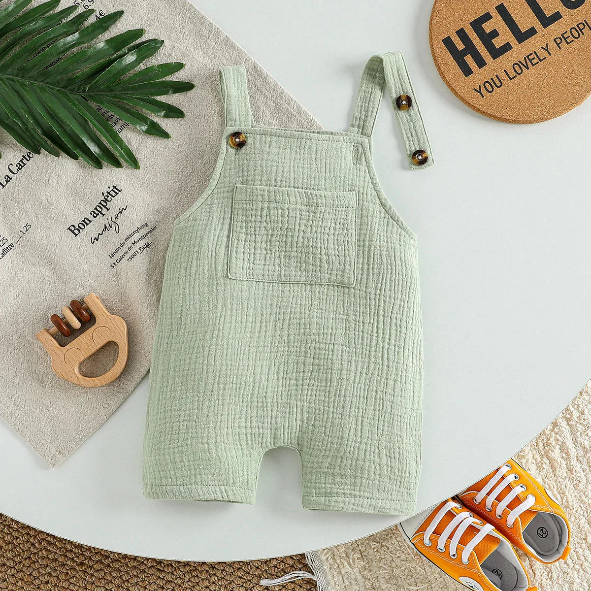 Sleeveless Cotton Muslin Baby Romper with Button Straps (0–18M) - Image 2