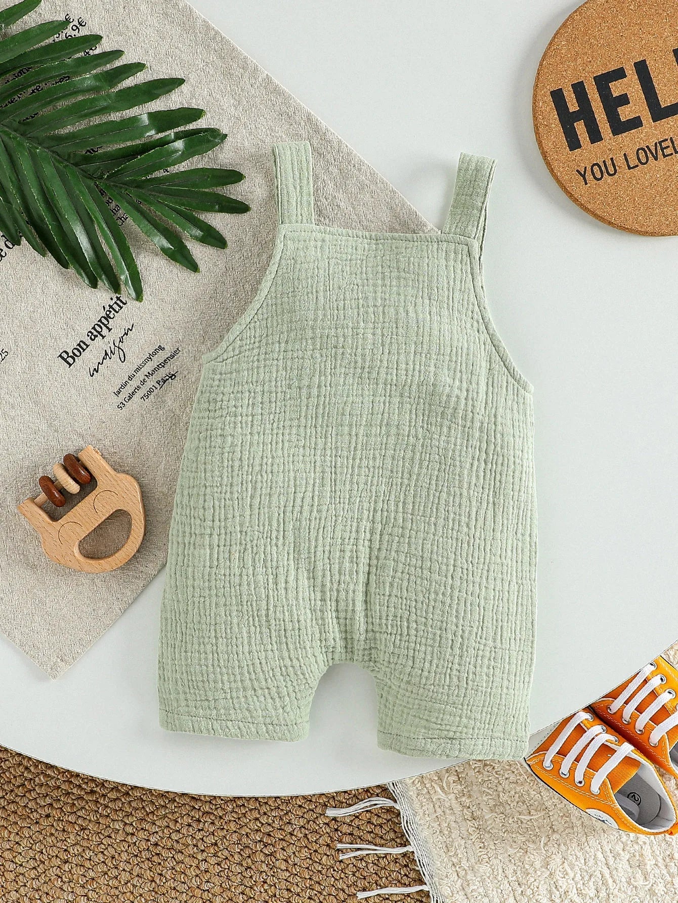 Sleeveless Cotton Muslin Baby Romper with Button Straps (0–18M) - Image 3